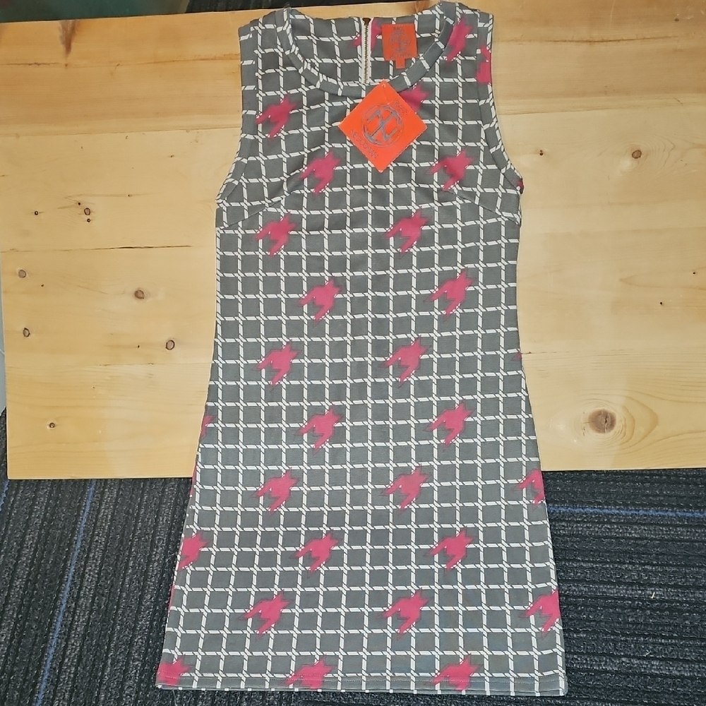 Tracy Negoshian Gray and Pink Geometric Mini Dress